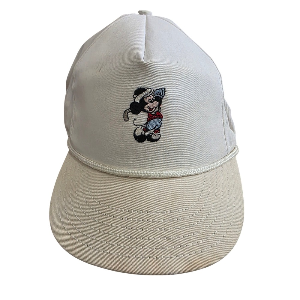 Vintage Disney Mickey Mouse Golf Hat White Cream Rope Cap Made in USA Adjustable